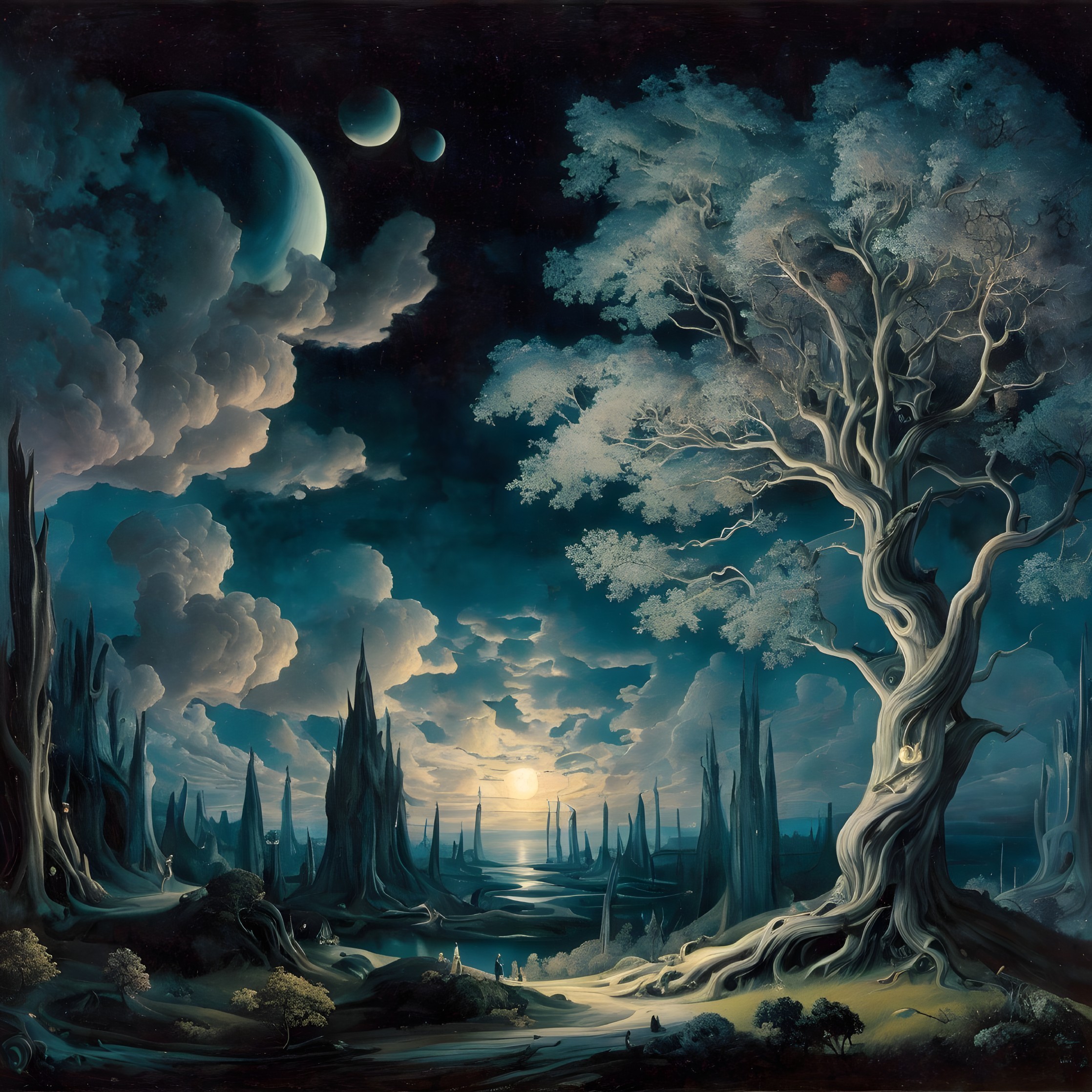 Surreal Landscape with Tree, Moons, and Radiant Sun