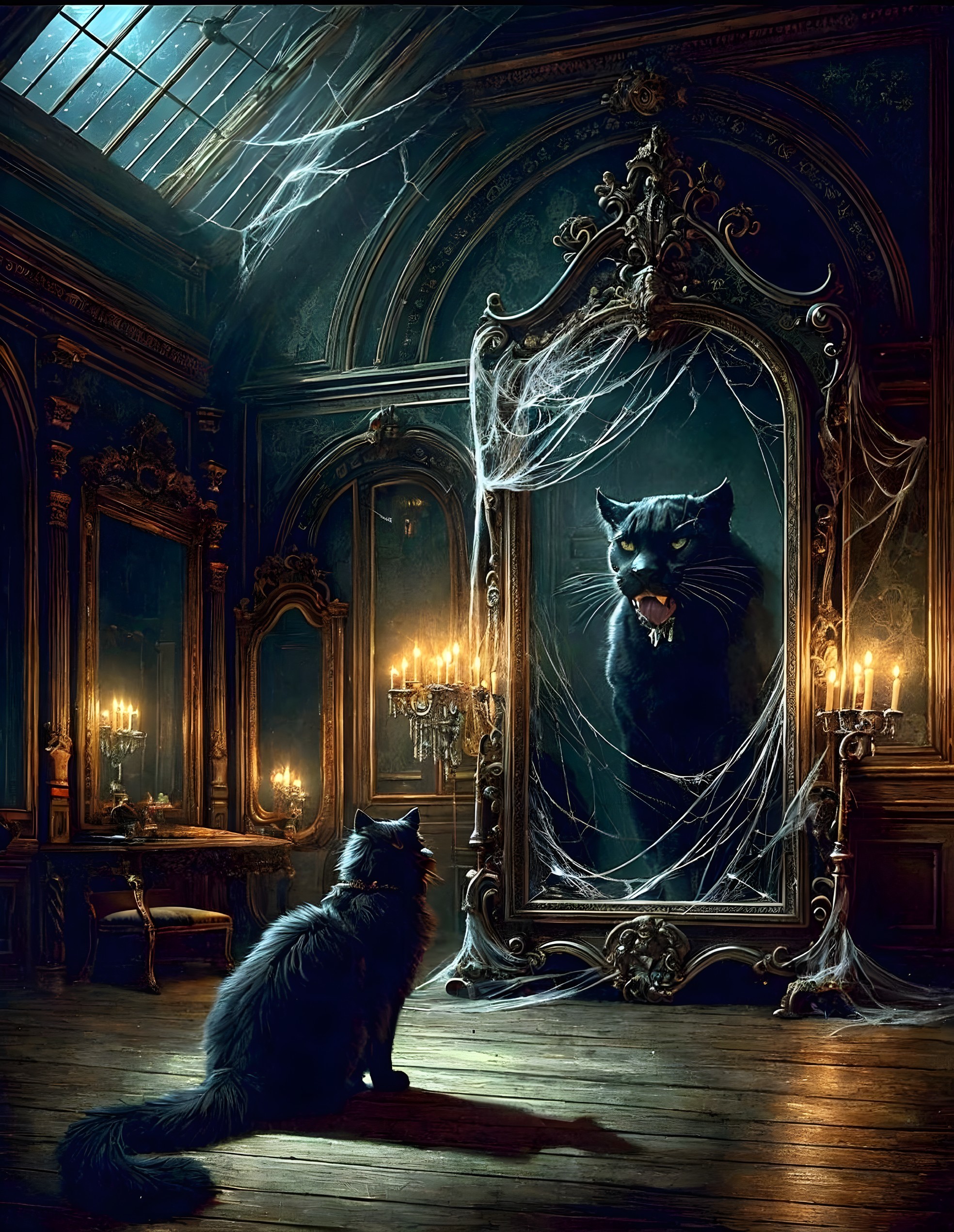 Eerie Scene with Black Cats and Majestic Mirror