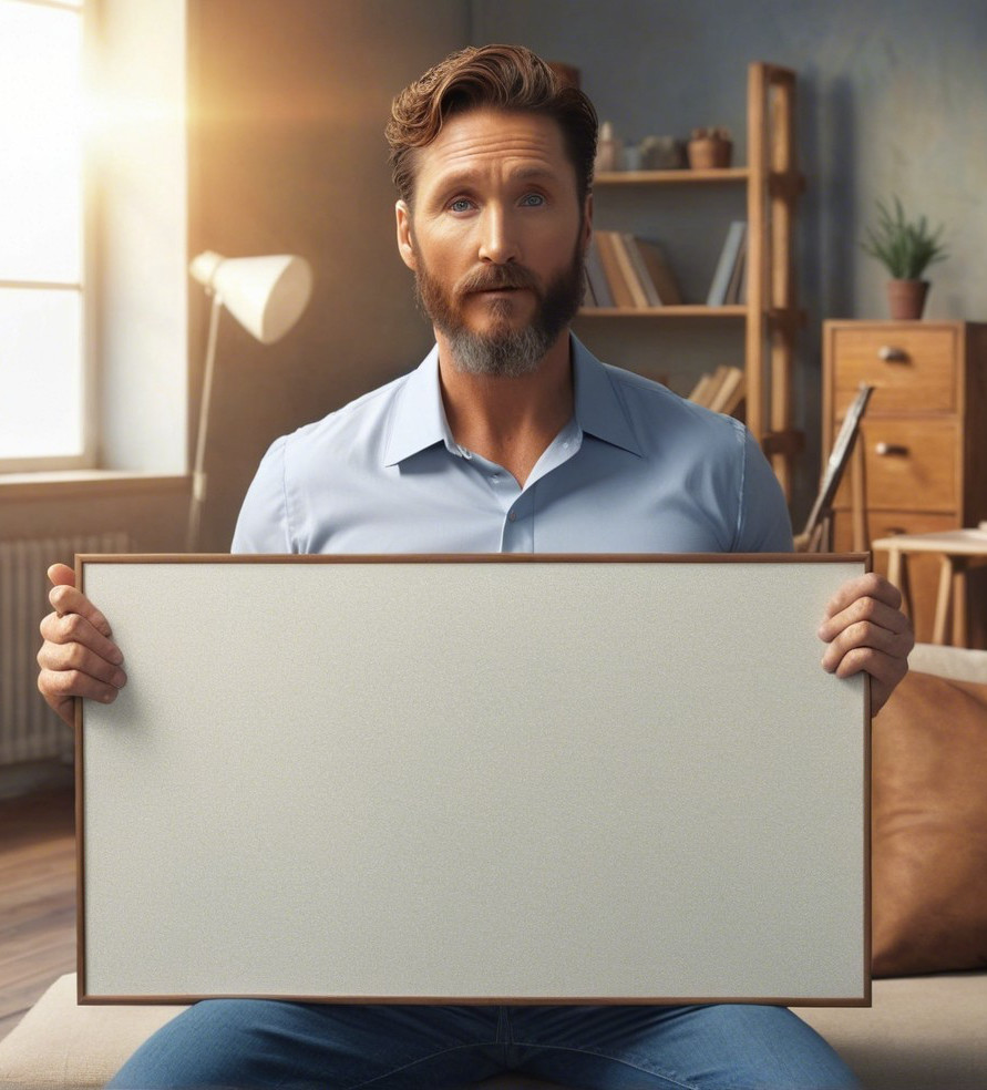 Man with Beard in Cozy Indoor Setting Holding Frame