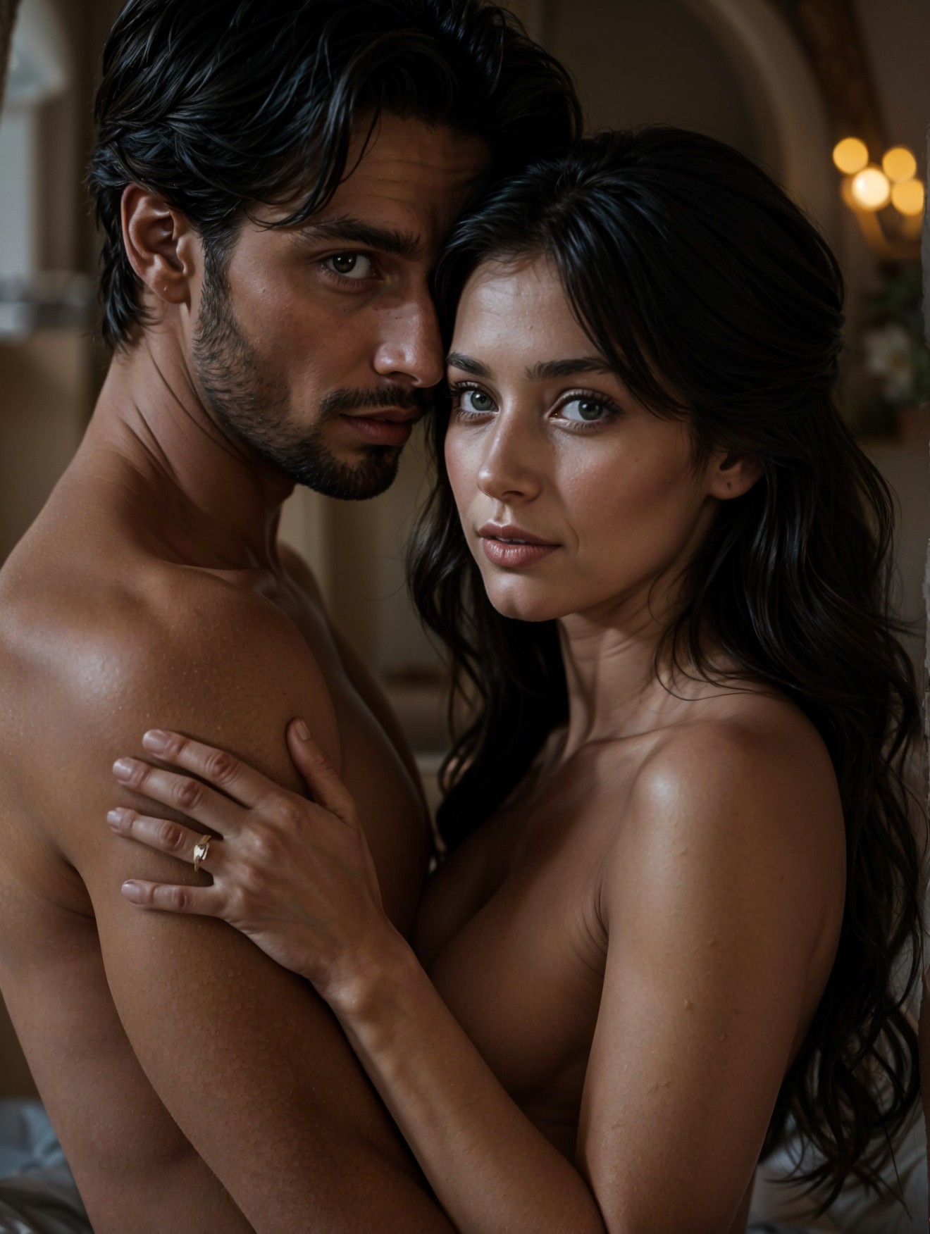 Close-Up Portrait of Embracing Couple in Soft Light