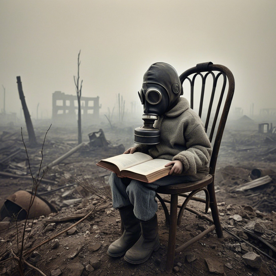 Child in gas mask reading in post-apocalyptic setting