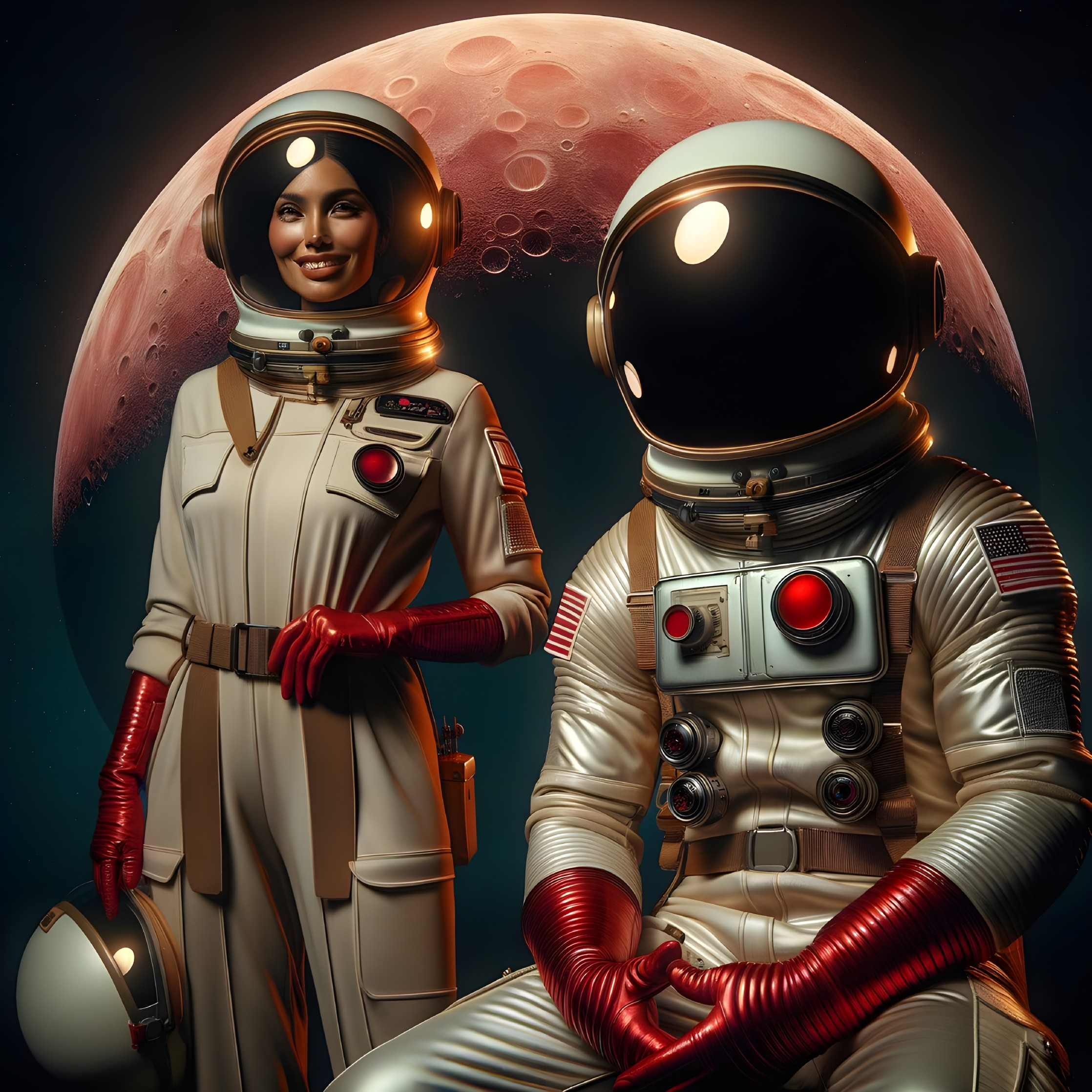 Astronauts in Futuristic Suits with Crimson Moon Background