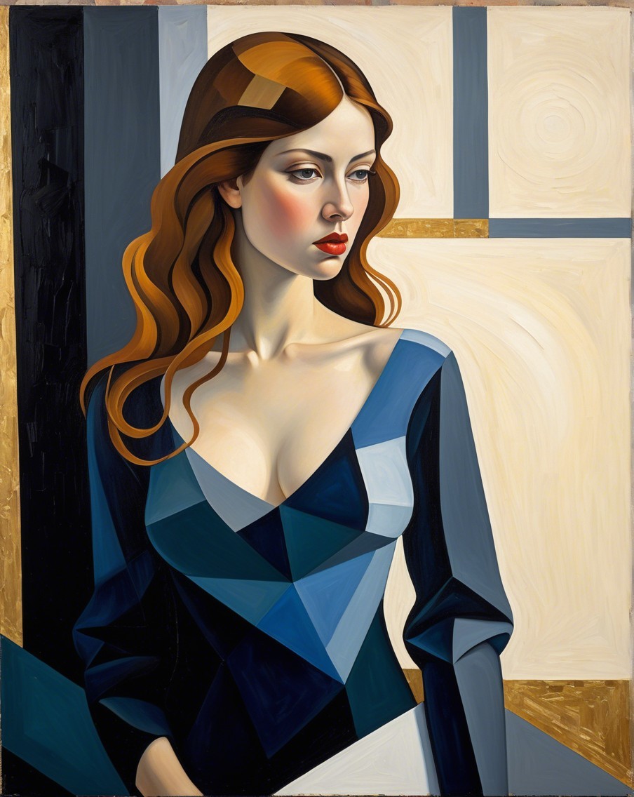 Woman with Auburn Hair in Geometric Dress Painting
