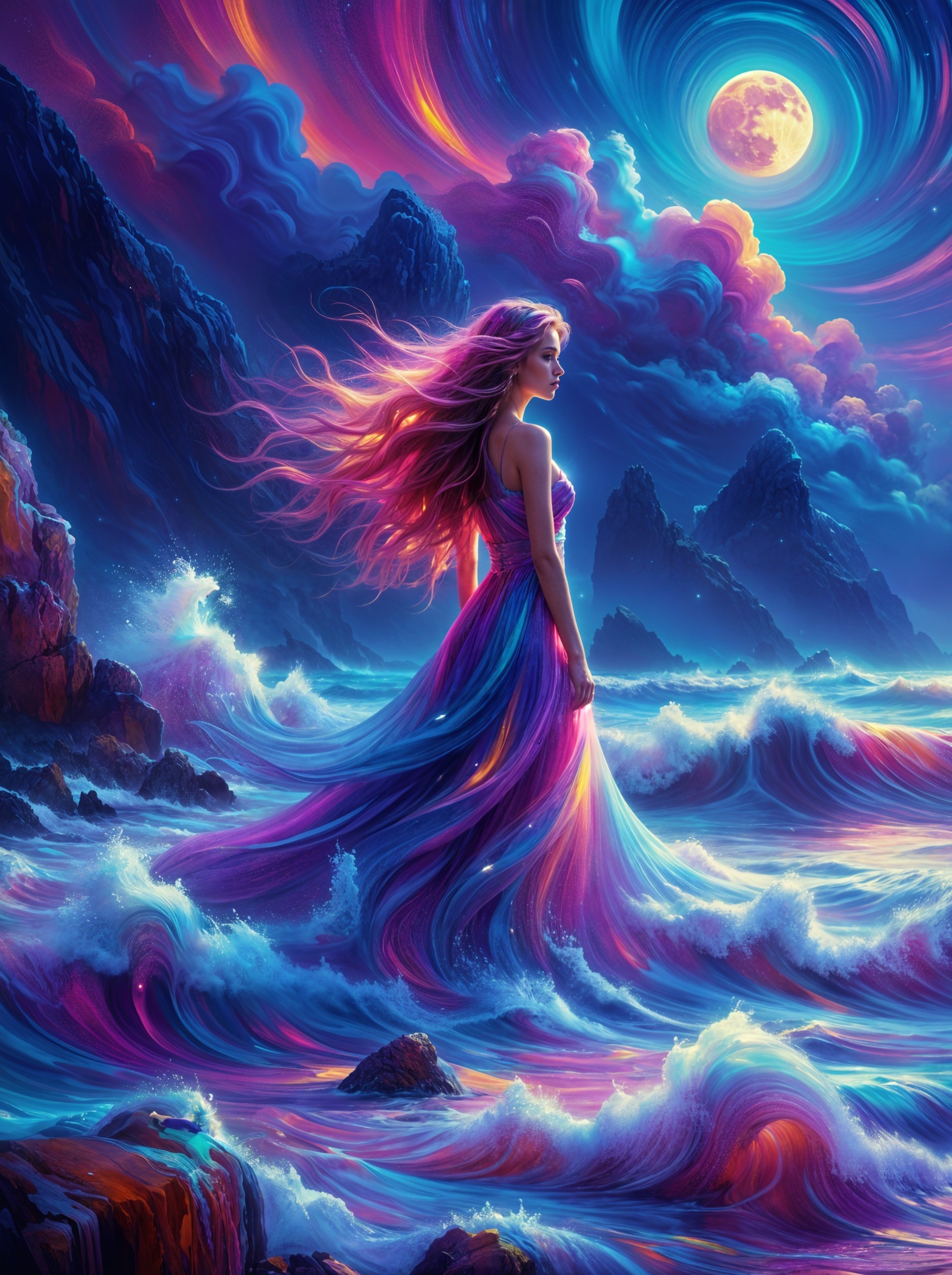 Mystical Shore Scene with Young Woman in Colorful Dress