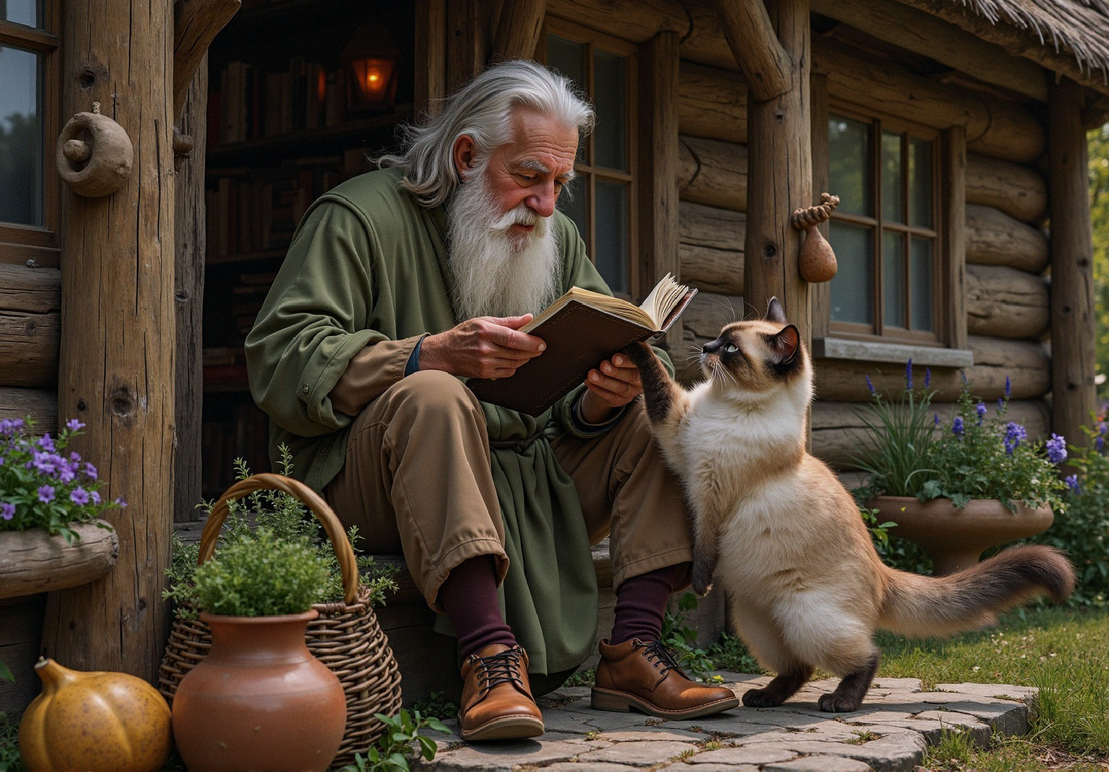 Elderly Man Reading Outside Rustic Home with Cat