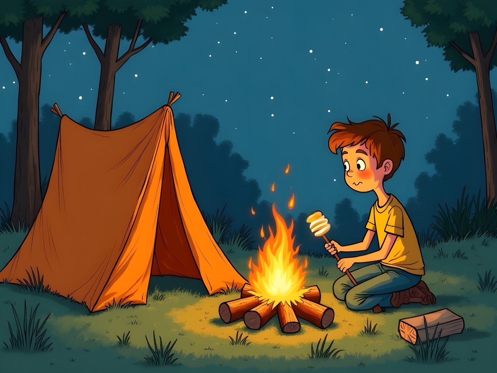 Young boy roasting marshmallows by a campfire