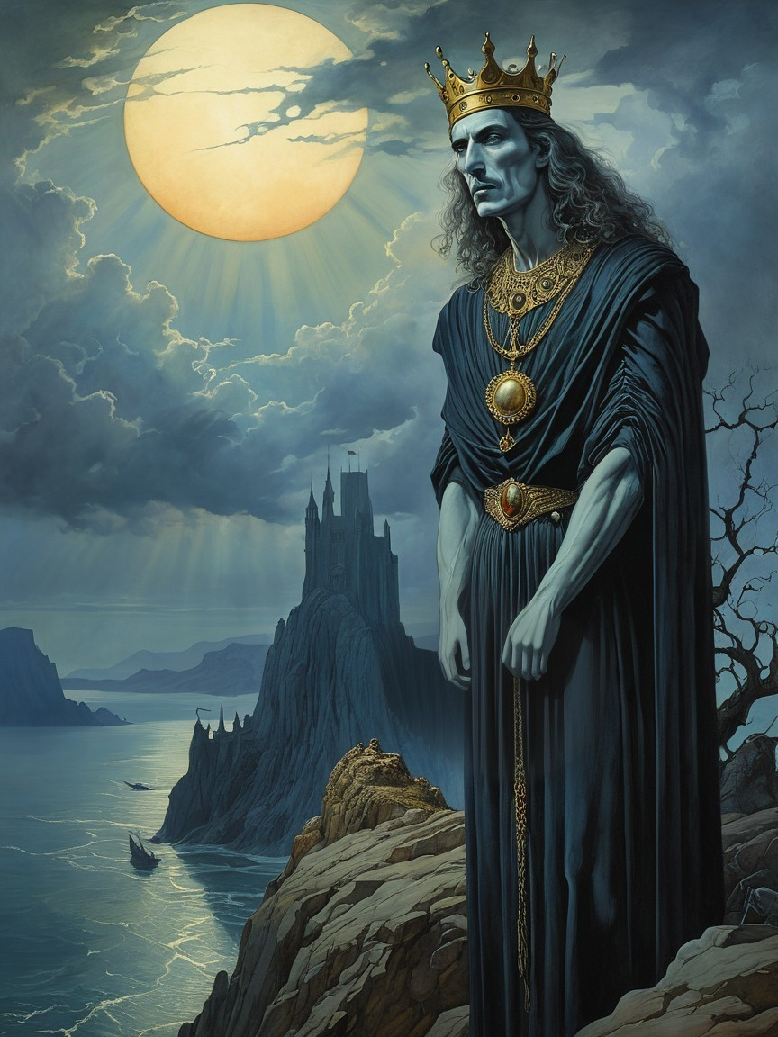 Majestic Figure in Dark Robes Overlooking Misty Sea