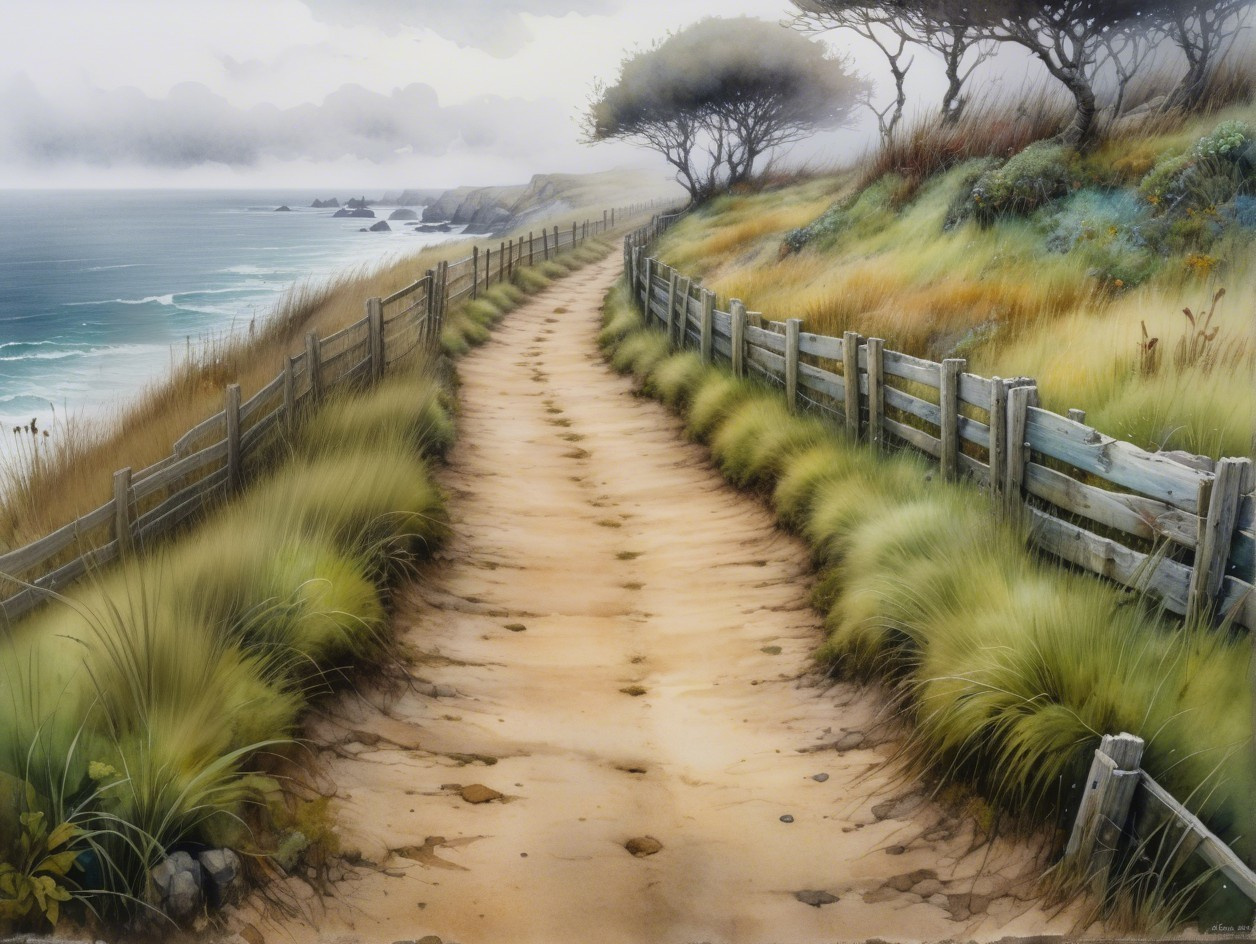 Serene Landscape with Winding Path and Ocean View