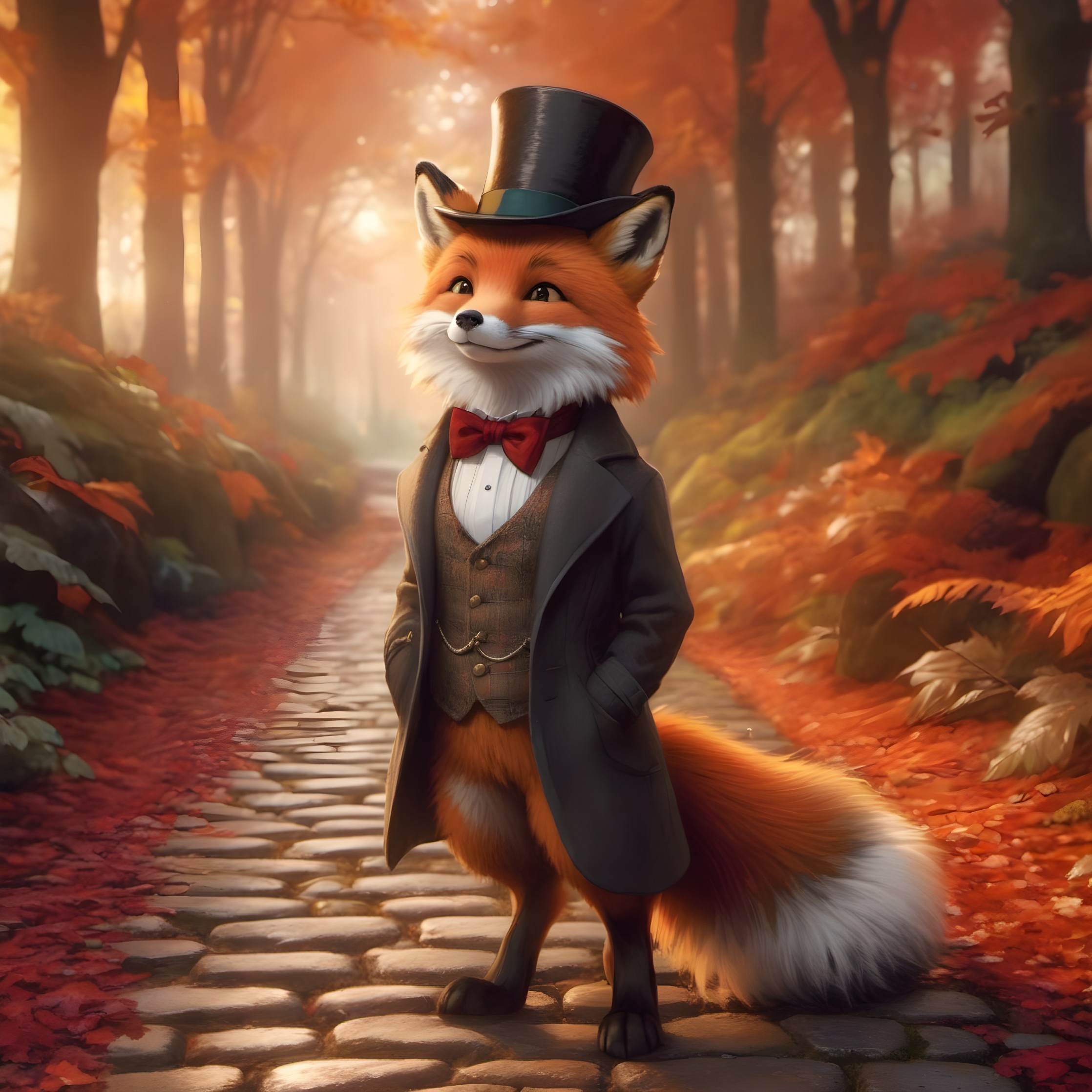 Anthropomorphic fox in formal attire on cobblestone path