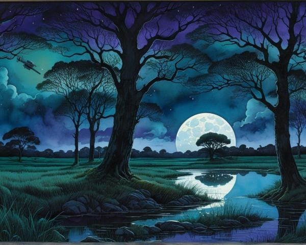 Serene Night Scene with Full Moon and Tranquil Landscape