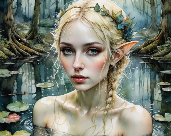 Elf Maiden by Tranquil Pond in Serene Forest