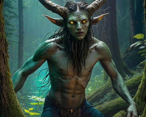 Muscular mythical creature in a lush forest setting