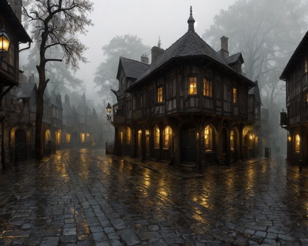 Misty Street Scene with Old-Fashioned Buildings