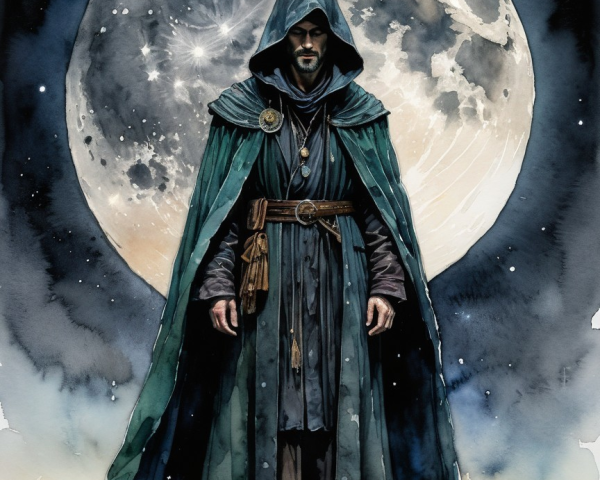 Mysterious Figure Cloaked by a Luminous Full Moon