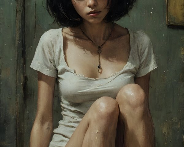 Young woman in a tattered dress on a bed