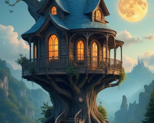 Whimsical Treehouse in an Ancient Tree at Twilight