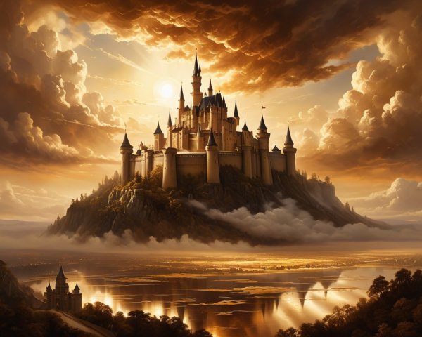 Majestic castle on a mountain at sunset with reflection