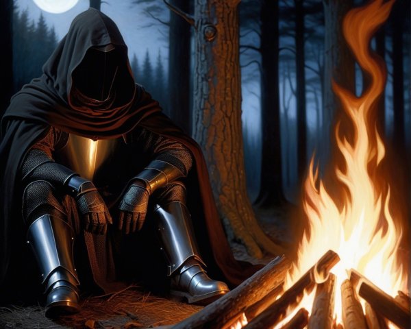 Mysterious Cloaked Figure by Campfire in Forest