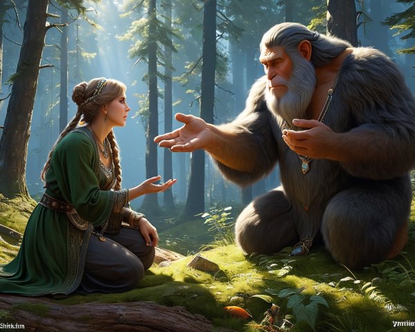 Mystical Encounter in a Sunlit Forest Setting