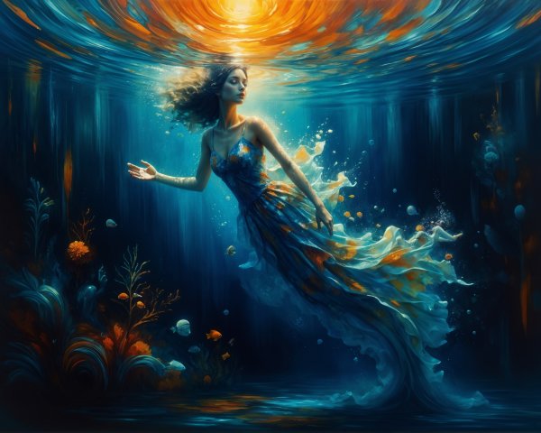 Underwater Scene of a Woman in Flowing Dress