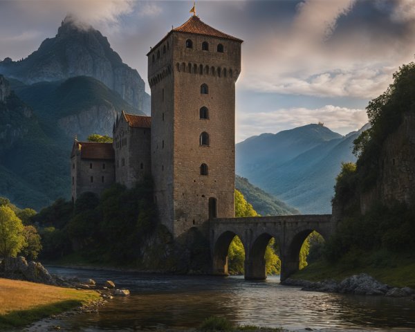 Medieval Castle on Rocky Riverbank with Scenic Landscape