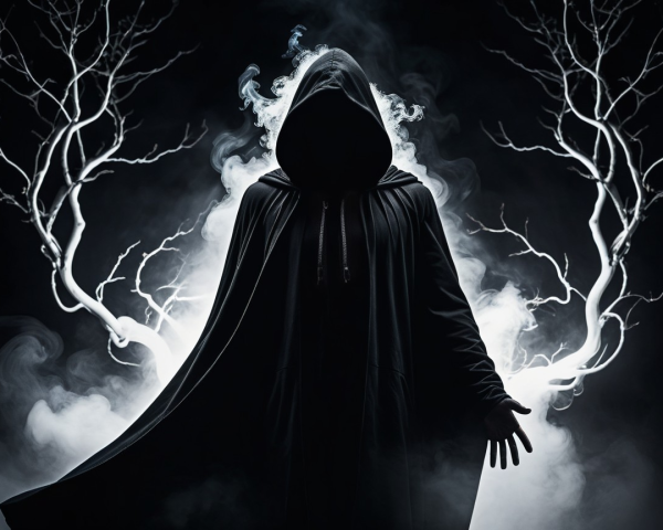 Mysterious Figure in Cloak Surrounded by Smoky Tendrils