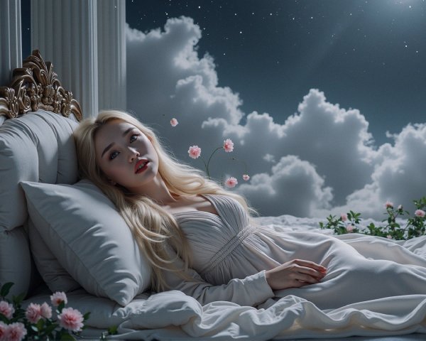 Serene Scene of a Woman in a Dreamy Bedroom Setting