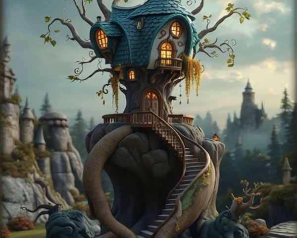 Whimsical treehouse with enchanting surroundings and moonlight