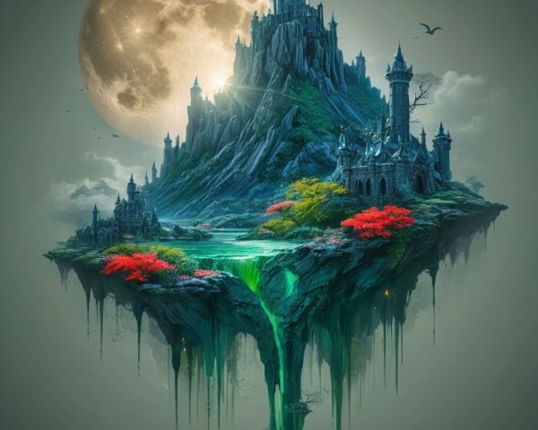 Floating Island with Castle and Waterfalls at Night