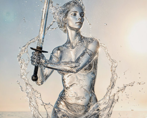 Transparent figure with sword emerging from water