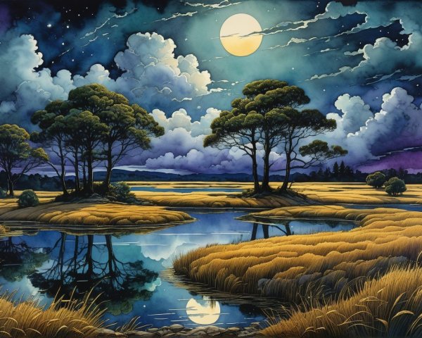 Serene Night Landscape with Tranquil Pond and Moonlight