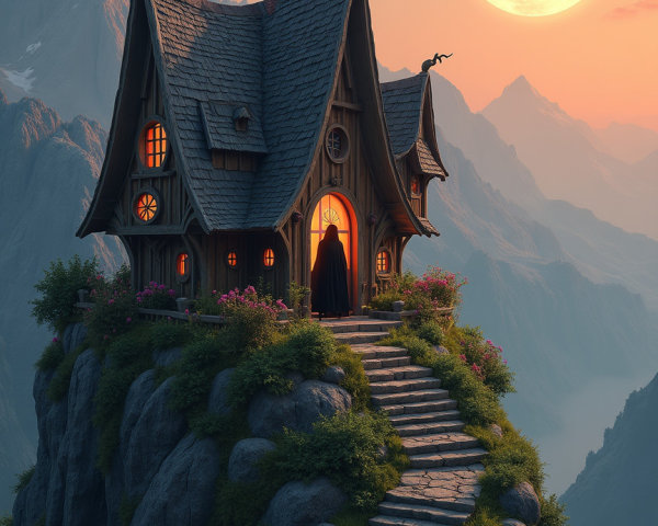 Whimsical Cottage on Rocky Outcrop with Mountains