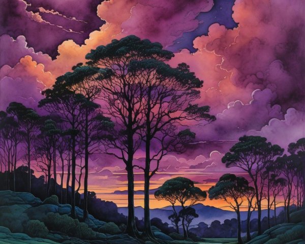 Twilight Landscape with Trees and Reflective River