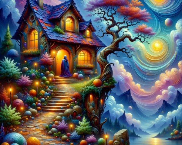 Whimsical Cottage Under Colorful Swirling Skies
