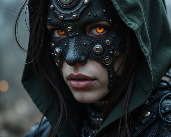 Mysterious Figure with Orange Eyes and Steampunk Details
