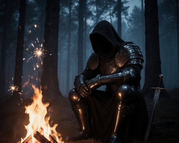 Mysterious Figure in Black Armor by Campfire in Forest