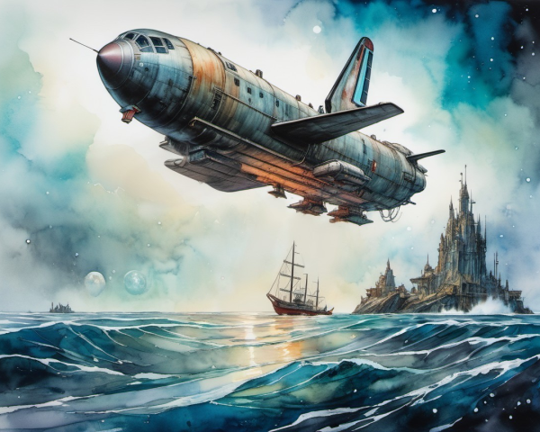 Weathered Spaceship Over Ocean and Castle Scene