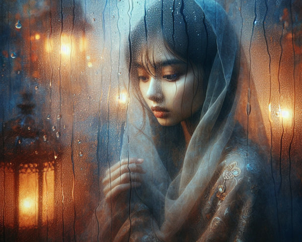 Young Woman Gazing Through Rain-Speckled Window