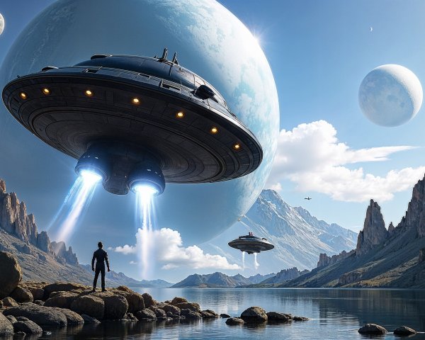 Extraterrestrial Landscape with Spaceships and Planets