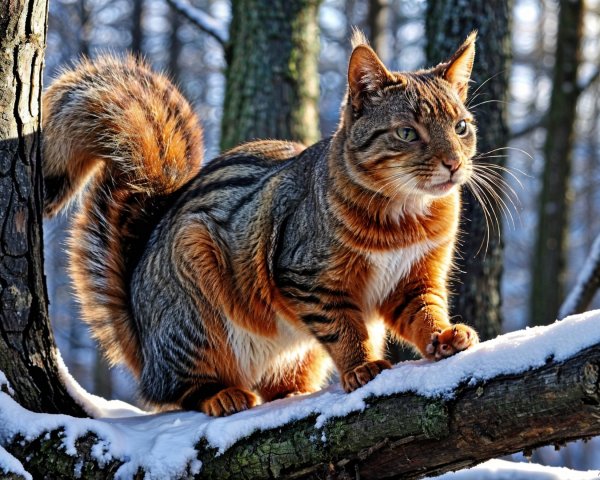 Tabby Cat on Snow-Covered Branch in Winter Scene