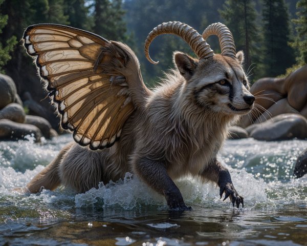 Fantastical creature with fox-goat features in river