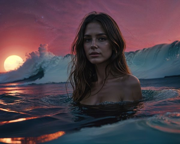 Young woman in ocean at sunset with crashing waves