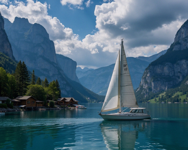 Serene Lake Surrounded by Mountains and Greenery