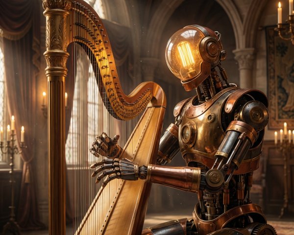 Steampunk Robot Playing Harp in Ornate Hall