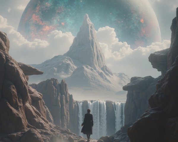 Solitary Figure by Waterfall in Otherworldly Landscape