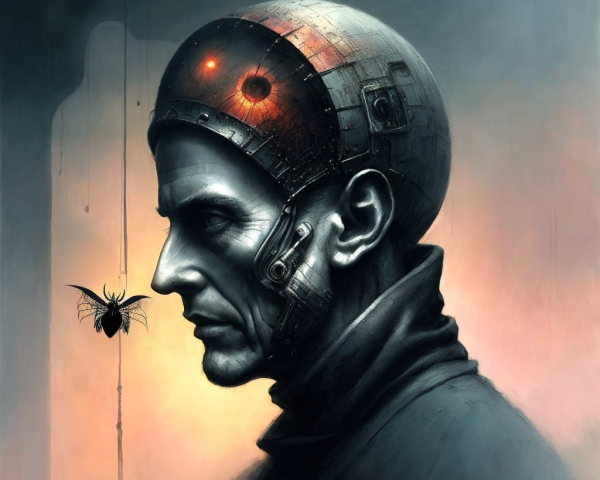 Futuristic humanoid figure with metallic helmet and spider