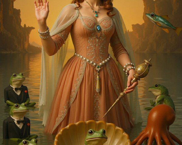 Regal Woman on Water Surrounded by Frogs and Fish