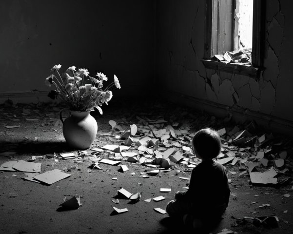 Child in Abandoned Room with Hopeful Flowers