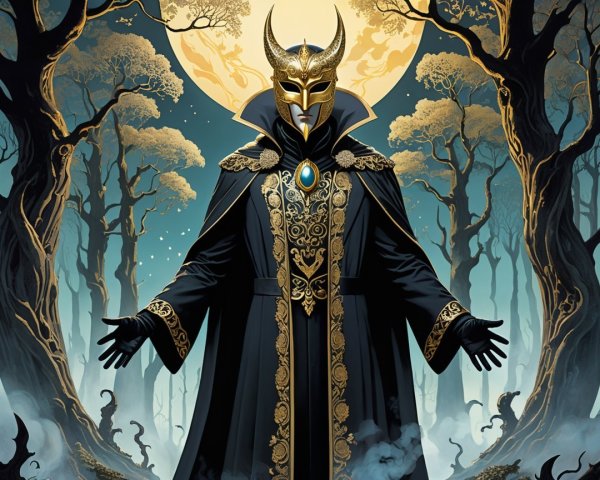 Majestic Figure in Enchanted Forest Under Full Moon