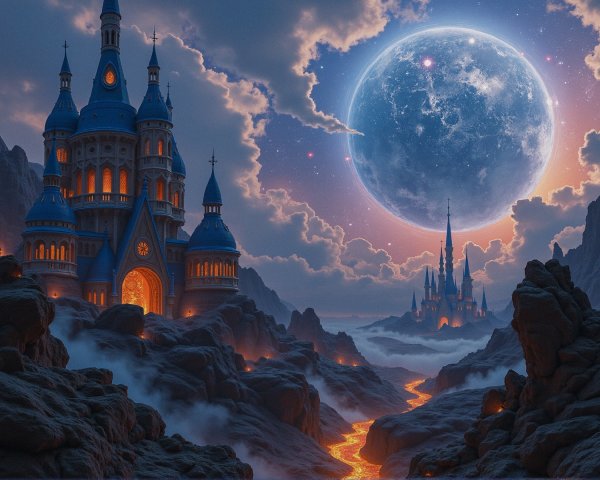 Majestic Castle with Blue Spires and Lava River